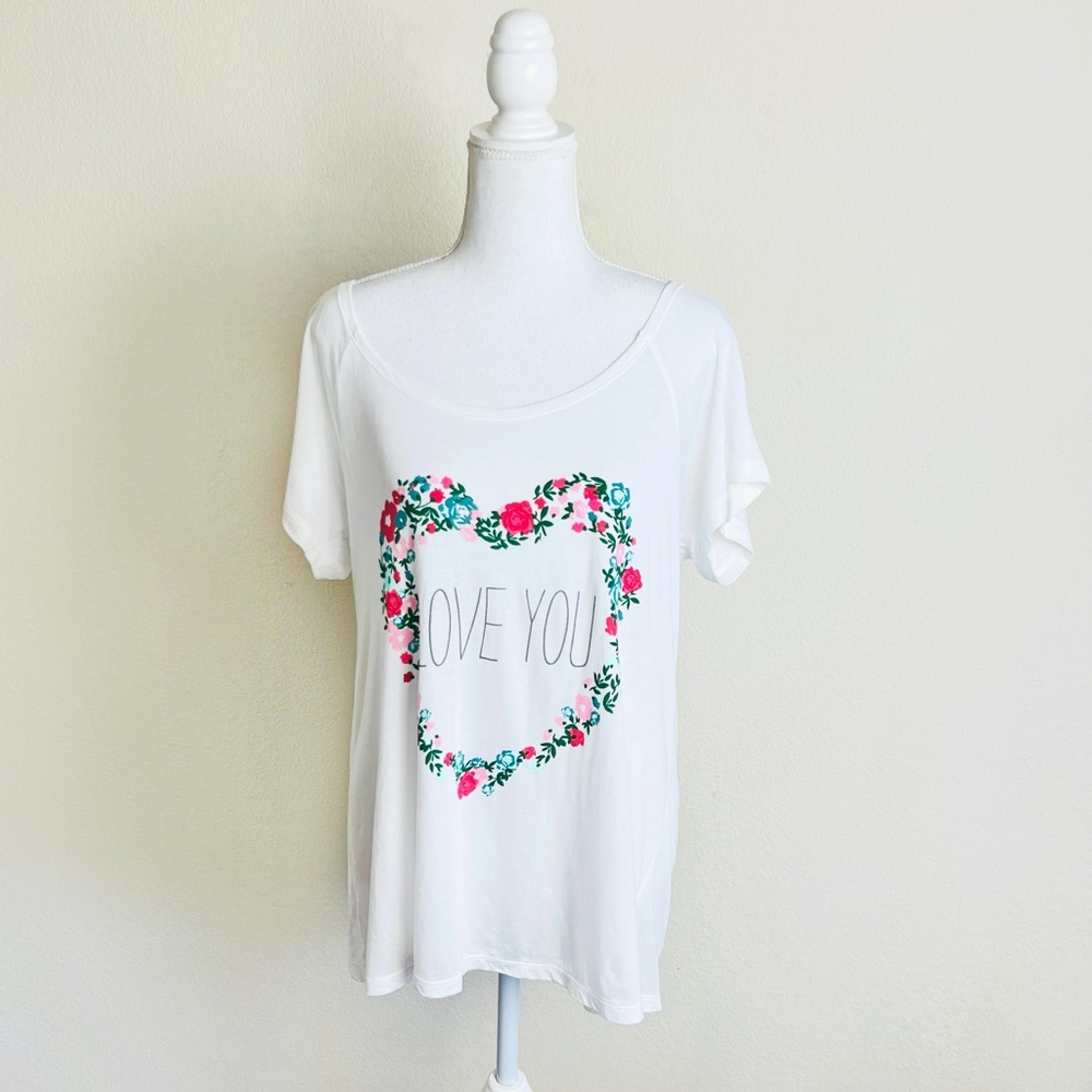 Forever 21 White & Blue Floral ‘Love You’ Graphic Short Sleeve Loose T-Shirt
